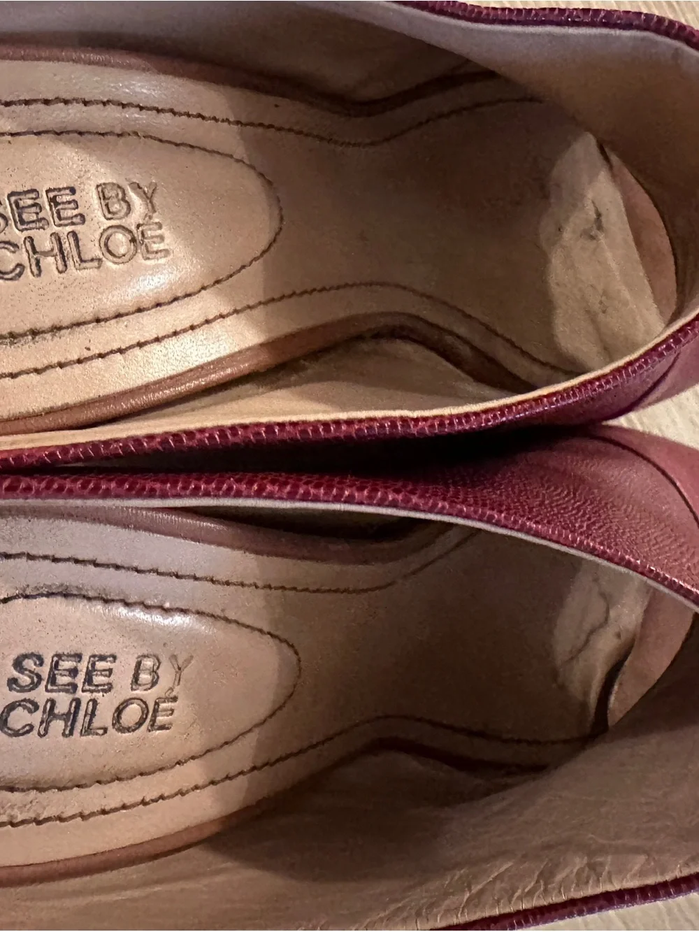 See by Chloé Burgundy Textured Leather Wedge Slides